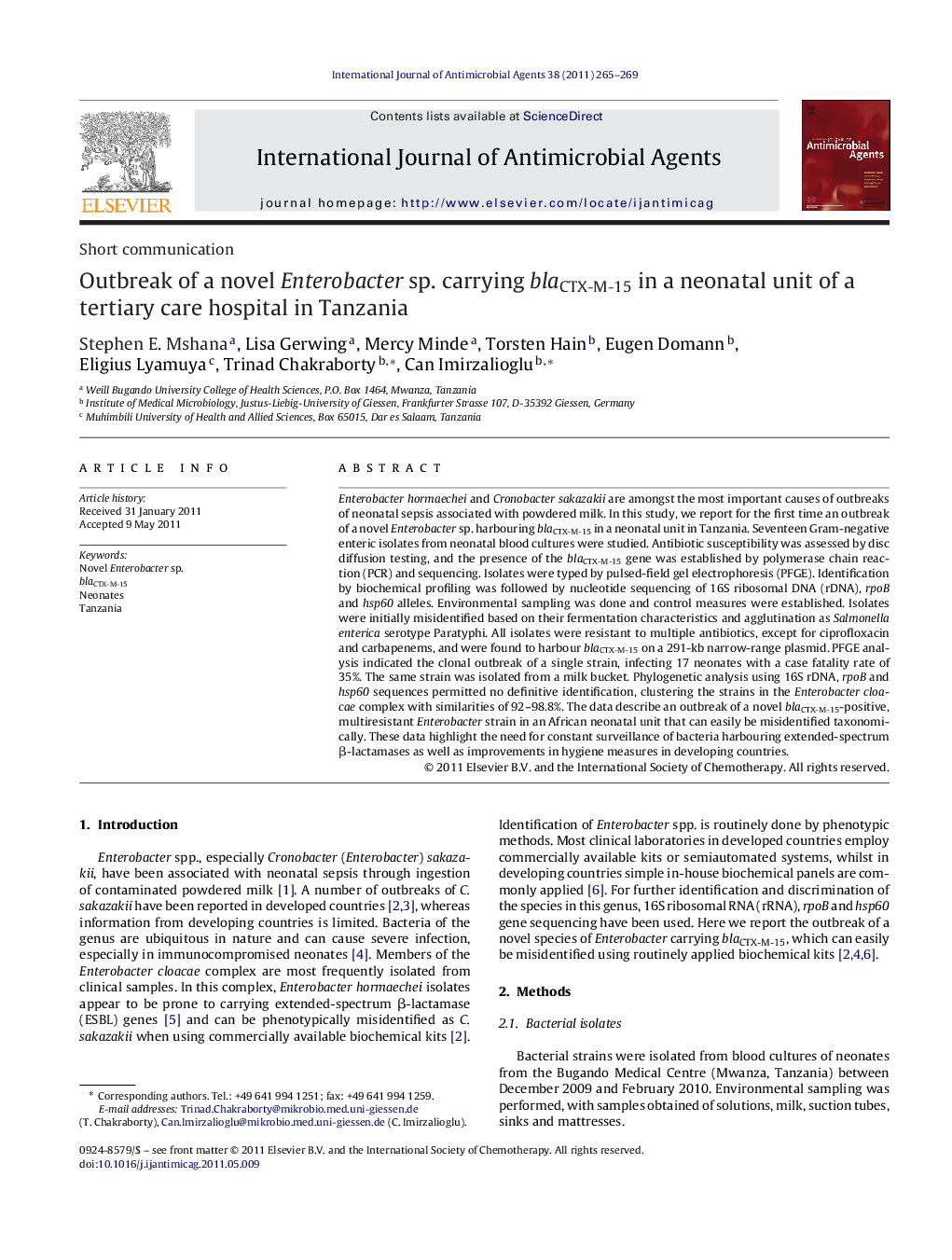 Outbreak of a novel Enterobacter sp. carrying blaCTX-M-15 in a neonatal unit of a tertiary care hospital in Tanzania