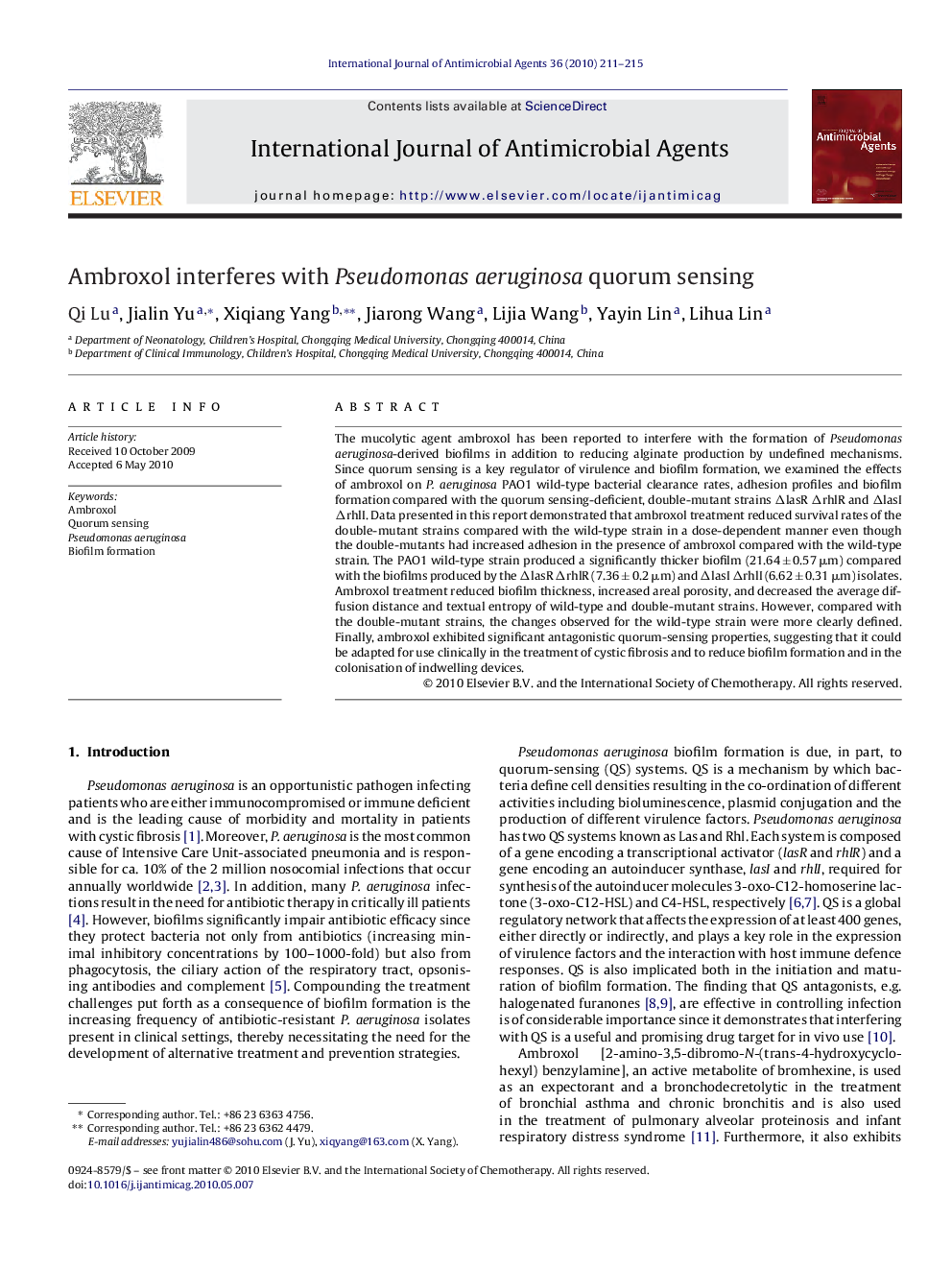 Ambroxol interferes with Pseudomonas aeruginosa quorum sensing