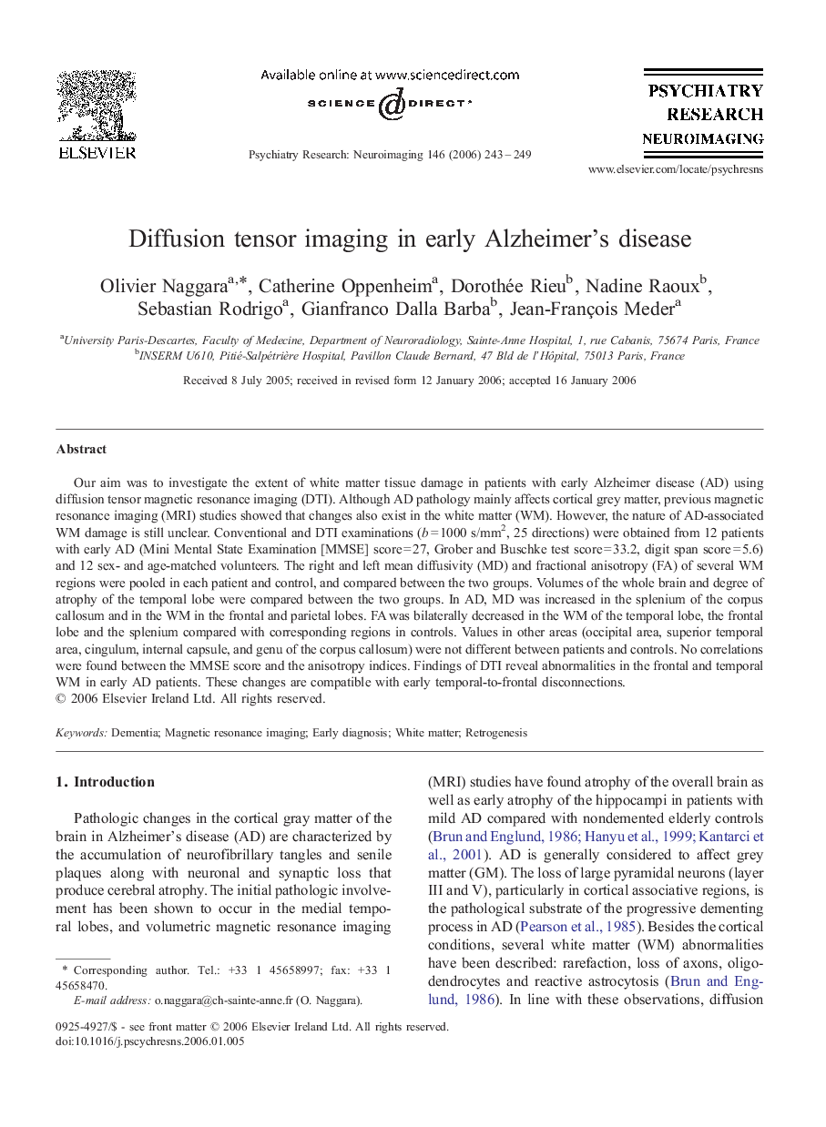 Diffusion tensor imaging in early Alzheimer's disease