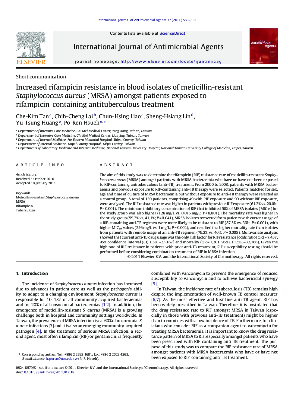 Increased rifampicin resistance in blood isolates of meticillin-resistant Staphylococcus aureus (MRSA) amongst patients exposed to rifampicin-containing antituberculous treatment