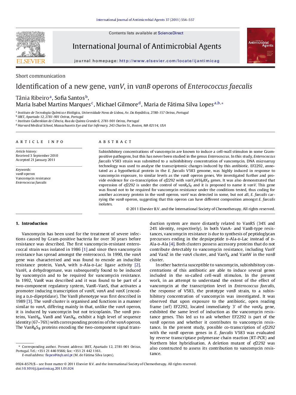 Identification of a new gene, vanV, in vanB operons of Enterococcus faecalis