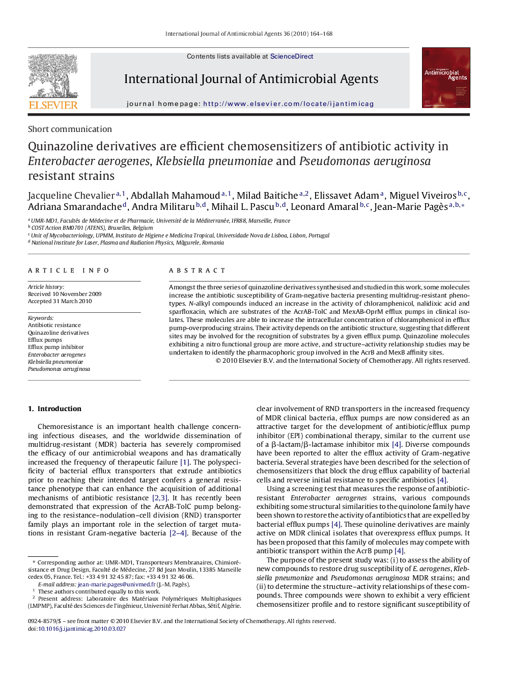 Quinazoline derivatives are efficient chemosensitizers of antibiotic activity in Enterobacter aerogenes, Klebsiella pneumoniae and Pseudomonas aeruginosa resistant strains