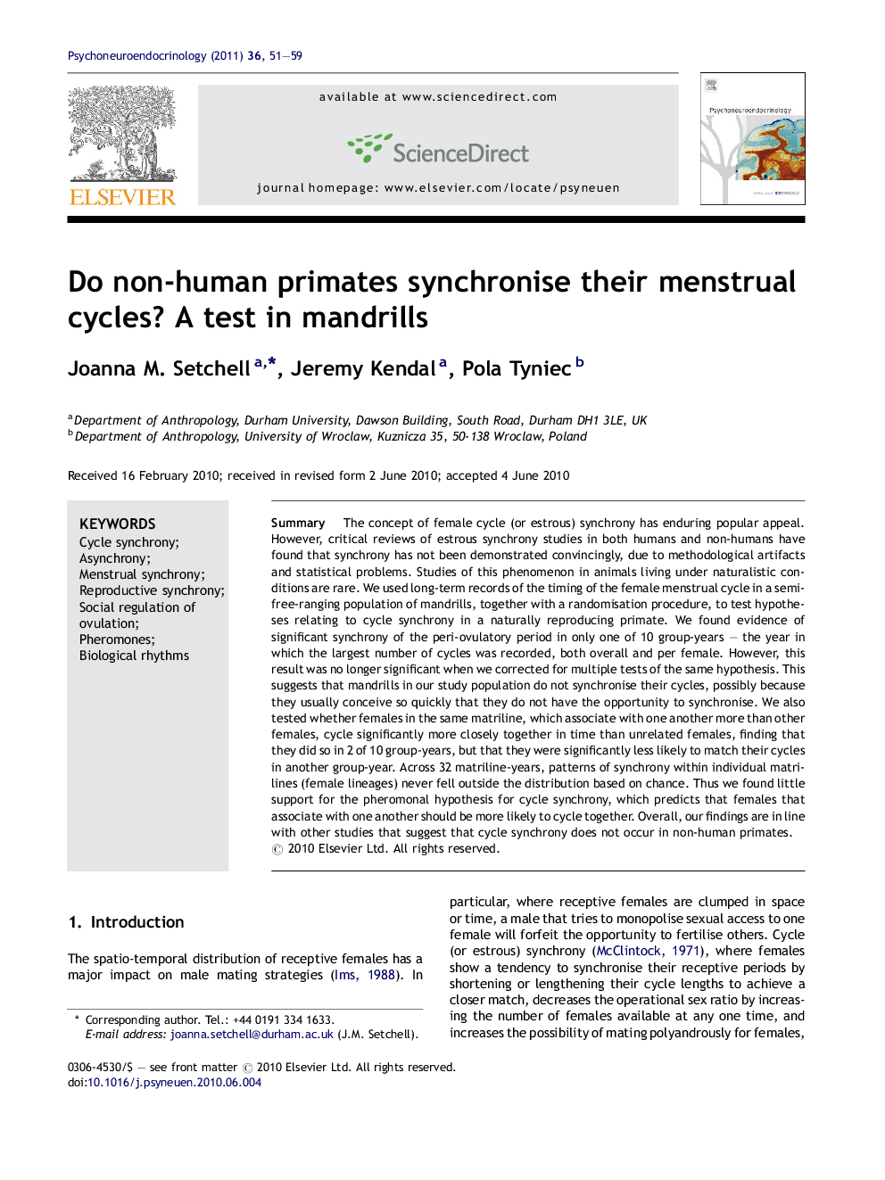 Do non-human primates synchronise their menstrual cycles? A test in mandrills