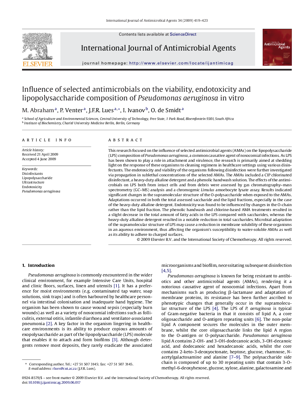 Influence of selected antimicrobials on the viability, endotoxicity and lipopolysaccharide composition of Pseudomonas aeruginosa in vitro