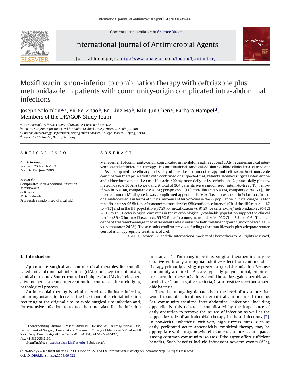 Moxifloxacin is non-inferior to combination therapy with ceftriaxone plus metronidazole in patients with community-origin complicated intra-abdominal infections