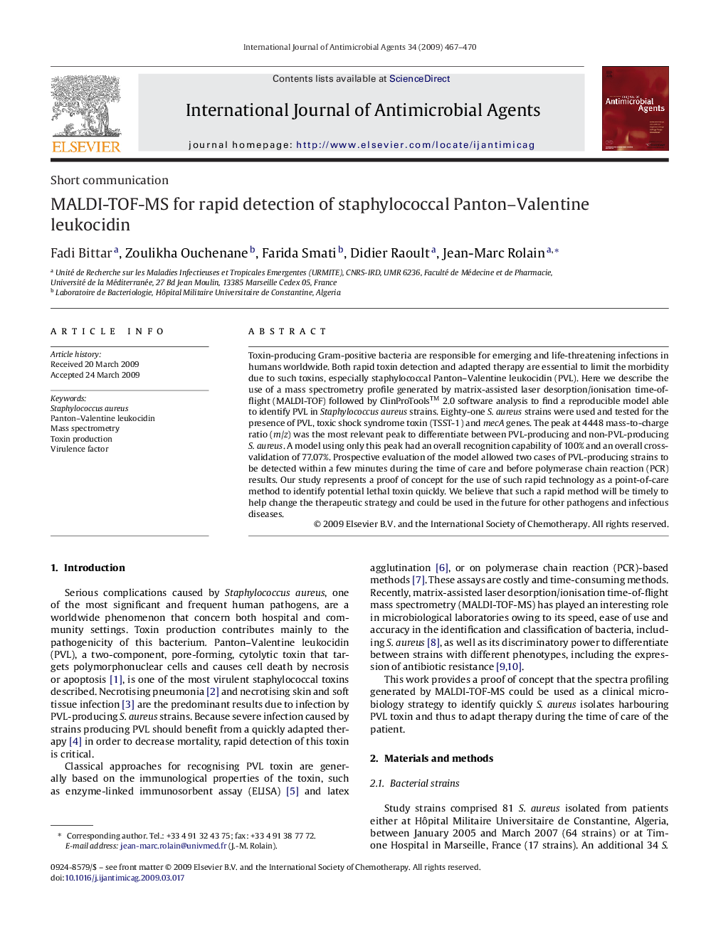 MALDI-TOF-MS for rapid detection of staphylococcal Panton–Valentine leukocidin