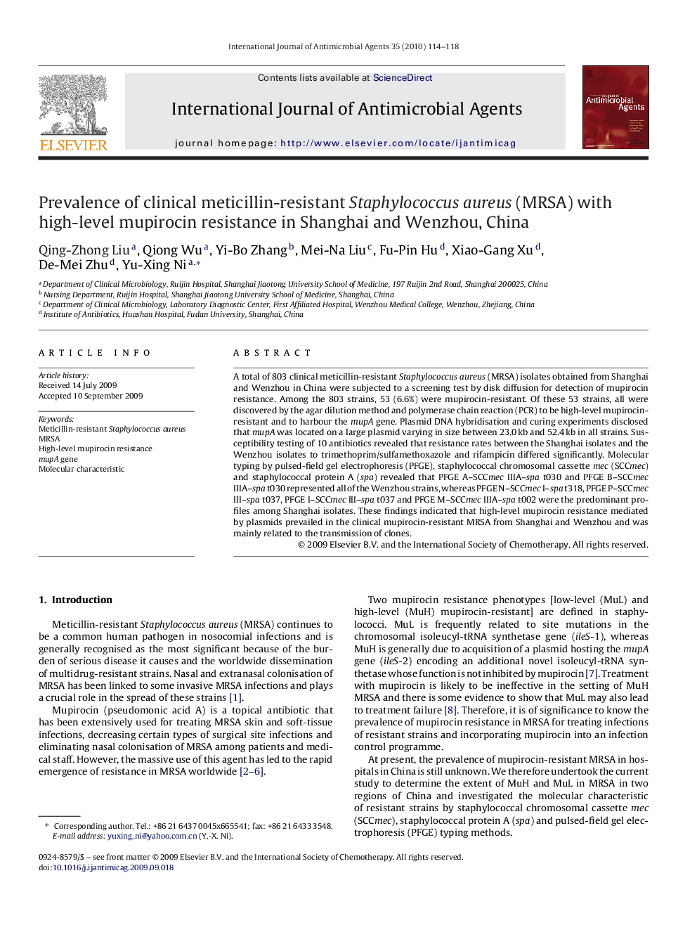 Prevalence of clinical meticillin-resistant Staphylococcus aureus (MRSA) with high-level mupirocin resistance in Shanghai and Wenzhou, China