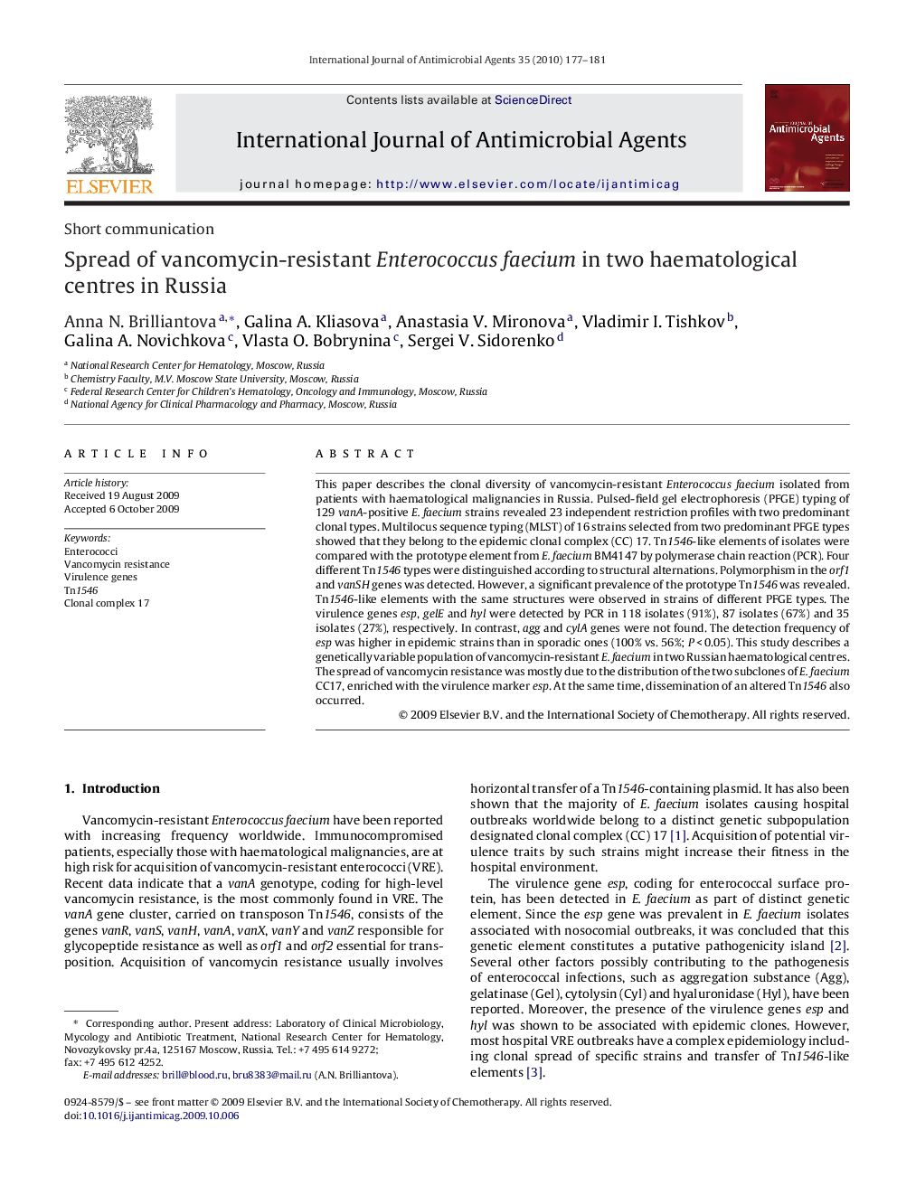 Spread of vancomycin-resistant Enterococcus faecium in two haematological centres in Russia