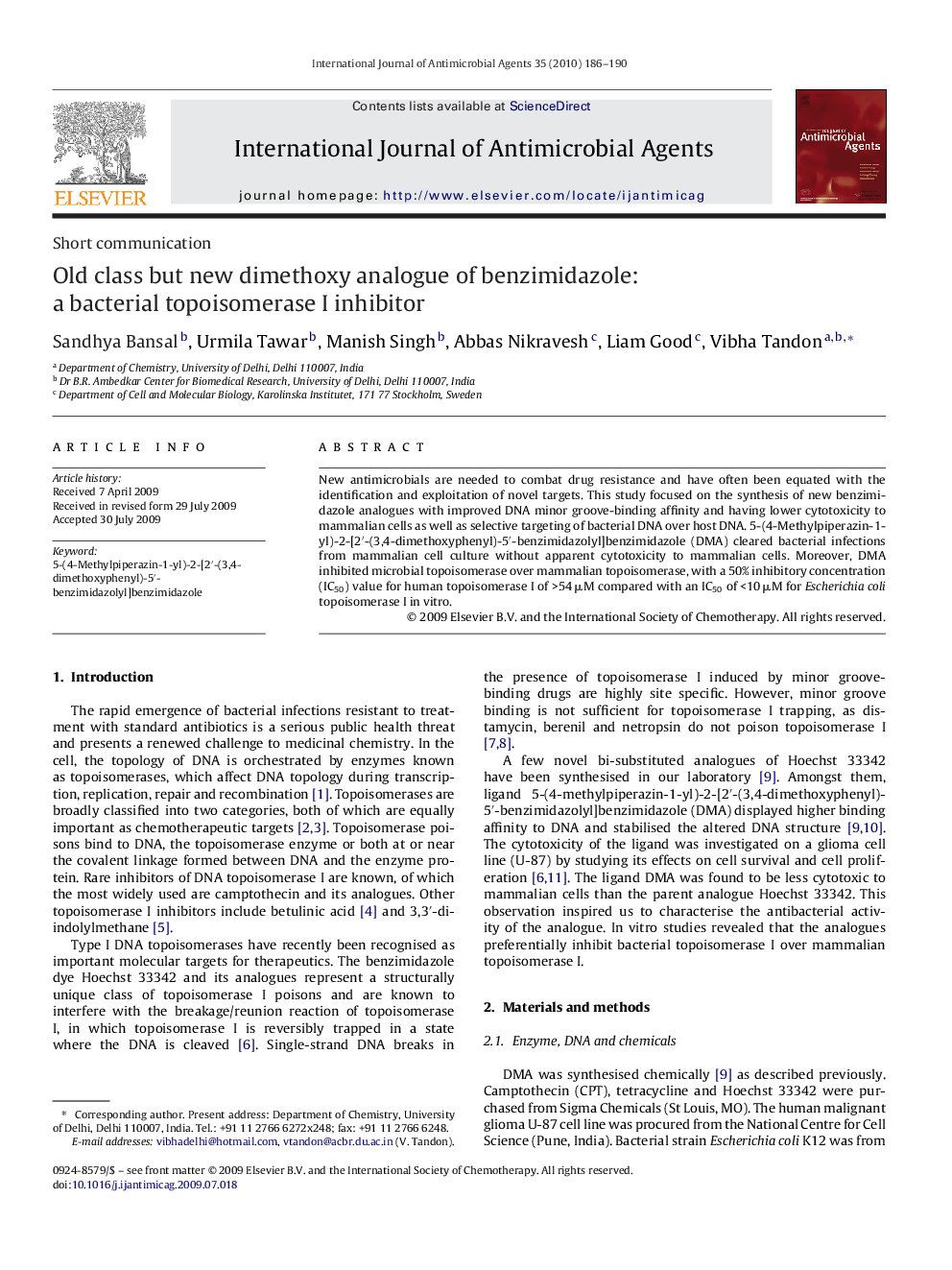 Old class but new dimethoxy analogue of benzimidazole: a bacterial topoisomerase I inhibitor