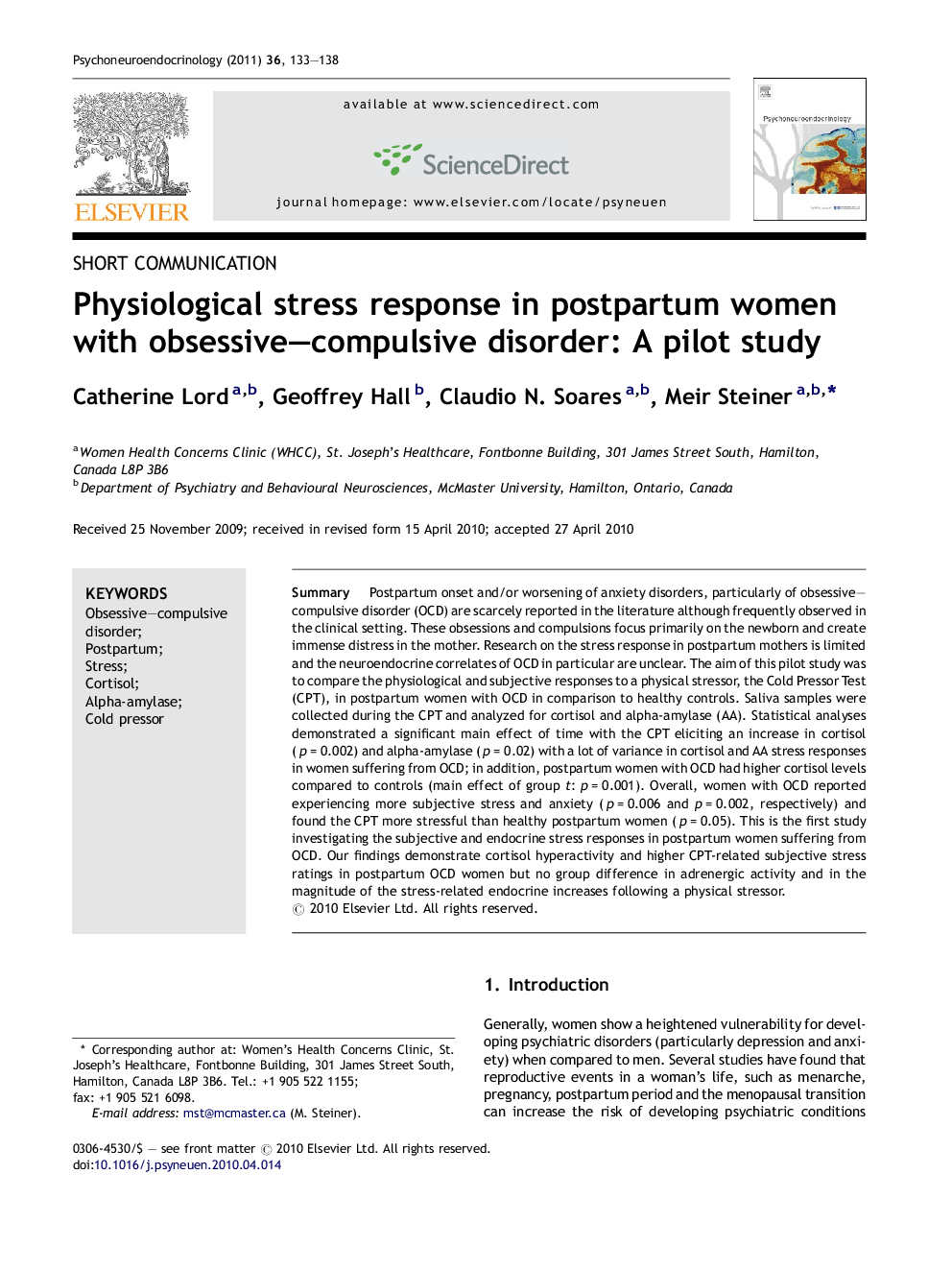 Physiological stress response in postpartum women with obsessive–compulsive disorder: A pilot study