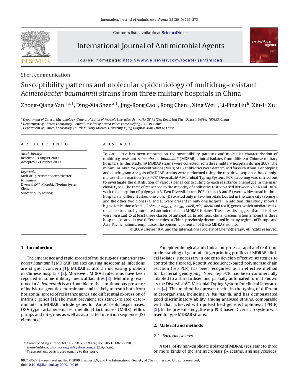 Susceptibility patterns and molecular epidemiology of multidrug-resistant Acinetobacter baumannii strains from three military hospitals in China