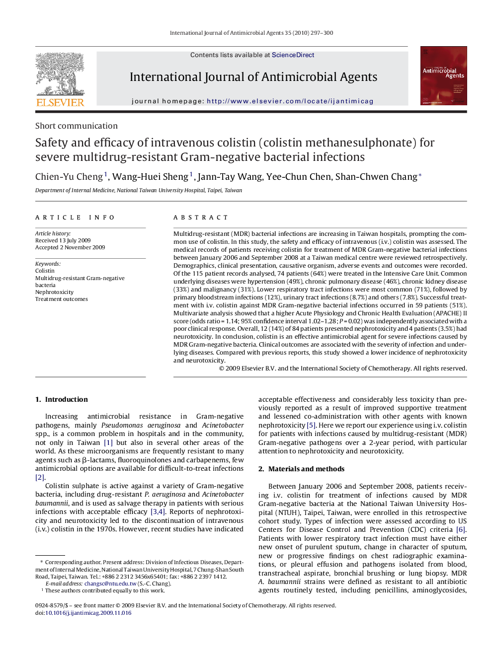 Safety and efficacy of intravenous colistin (colistin methanesulphonate) for severe multidrug-resistant Gram-negative bacterial infections