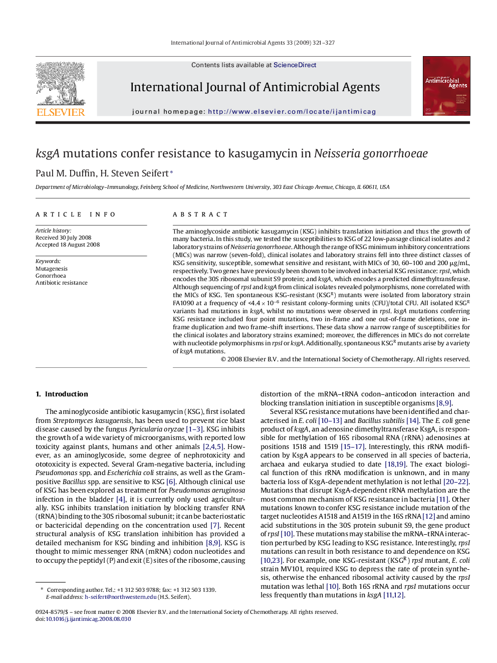 ksgA mutations confer resistance to kasugamycin in Neisseria gonorrhoeae