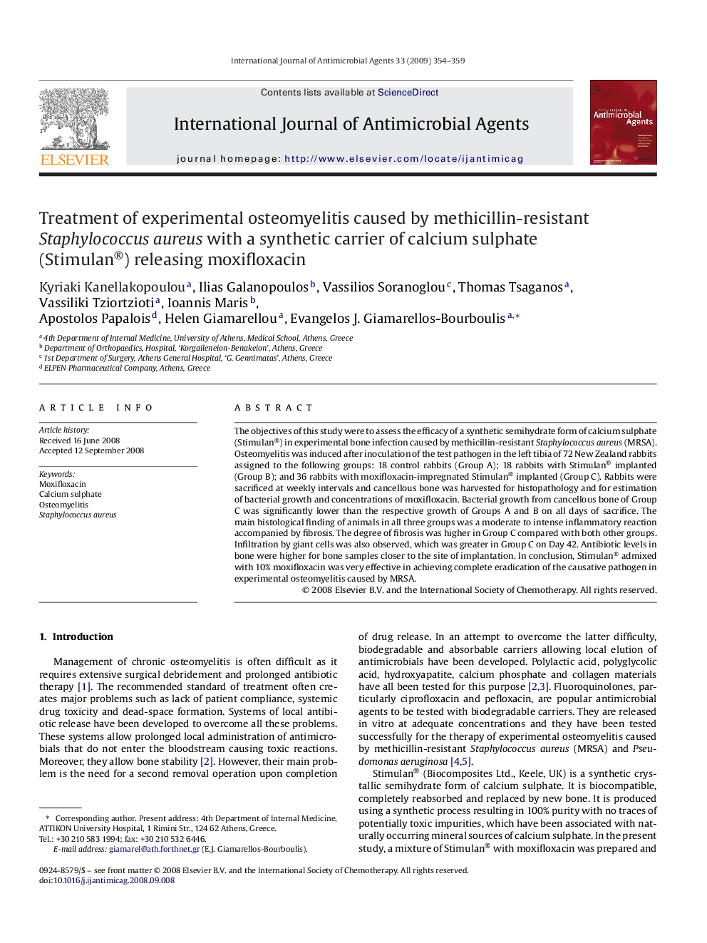 Treatment of experimental osteomyelitis caused by methicillin-resistant Staphylococcus aureus with a synthetic carrier of calcium sulphate (Stimulan®) releasing moxifloxacin