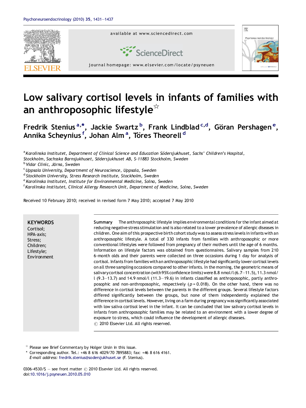 Low salivary cortisol levels in infants of families with an anthroposophic lifestyle 