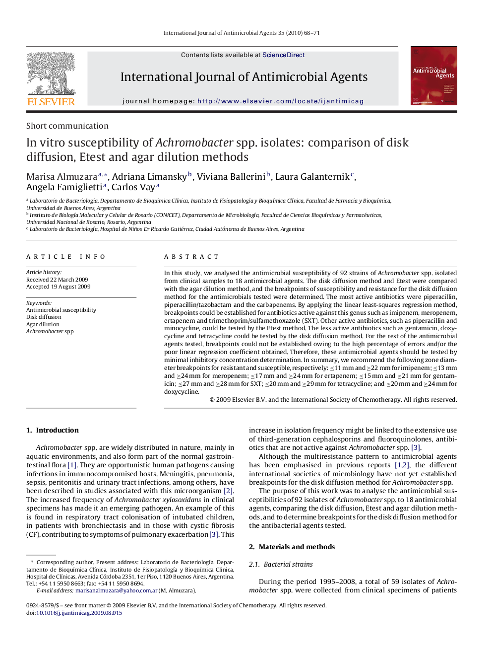 In vitro susceptibility of Achromobacter spp. isolates: comparison of disk diffusion, Etest and agar dilution methods