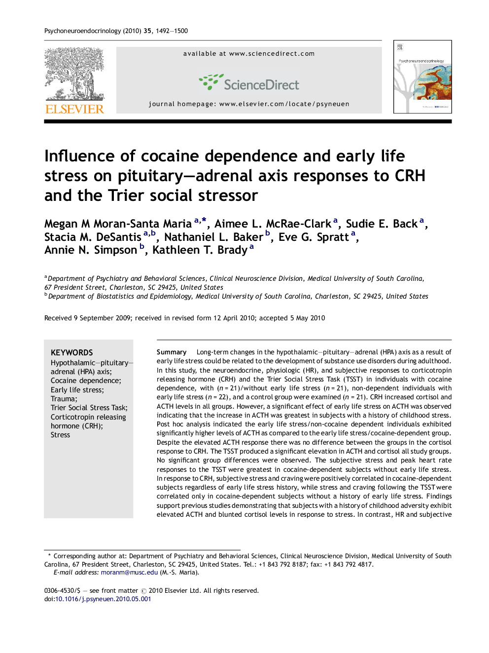 Influence of cocaine dependence and early life stress on pituitary–adrenal axis responses to CRH and the Trier social stressor