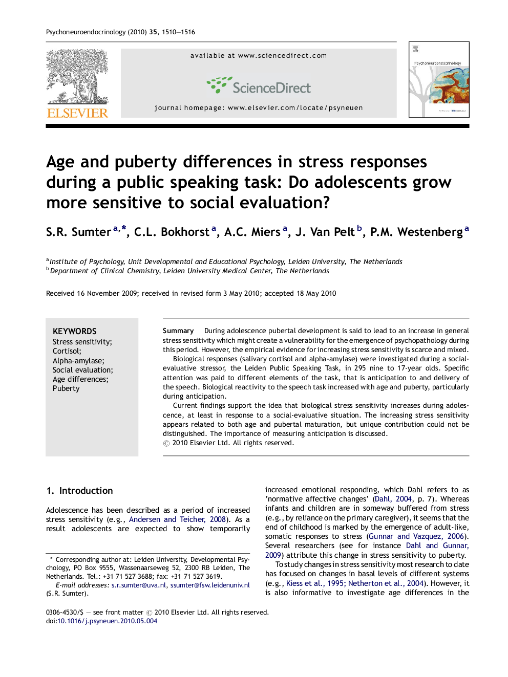 Age and puberty differences in stress responses during a public speaking task: Do adolescents grow more sensitive to social evaluation?