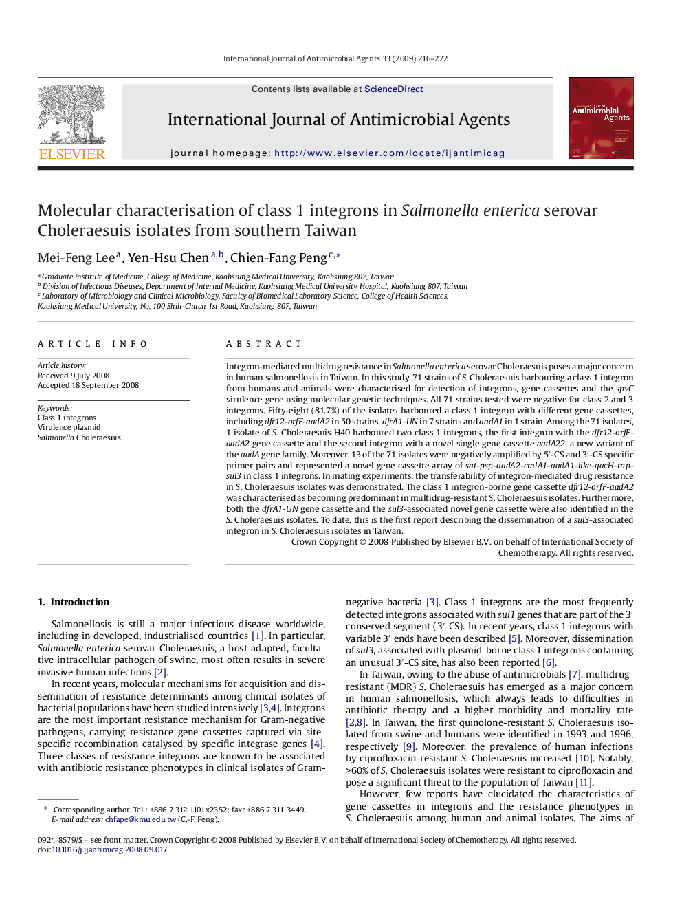 Molecular characterisation of class 1 integrons in Salmonella enterica serovar Choleraesuis isolates from southern Taiwan