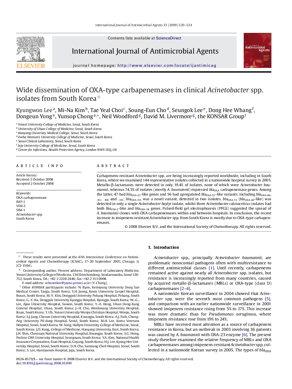 Wide dissemination of OXA-type carbapenemases in clinical Acinetobacter spp. isolates from South Korea 