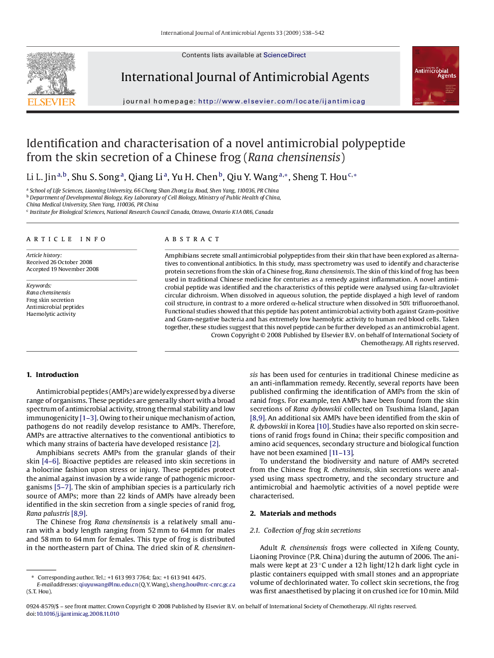 Identification and characterisation of a novel antimicrobial polypeptide from the skin secretion of a Chinese frog (Rana chensinensis)