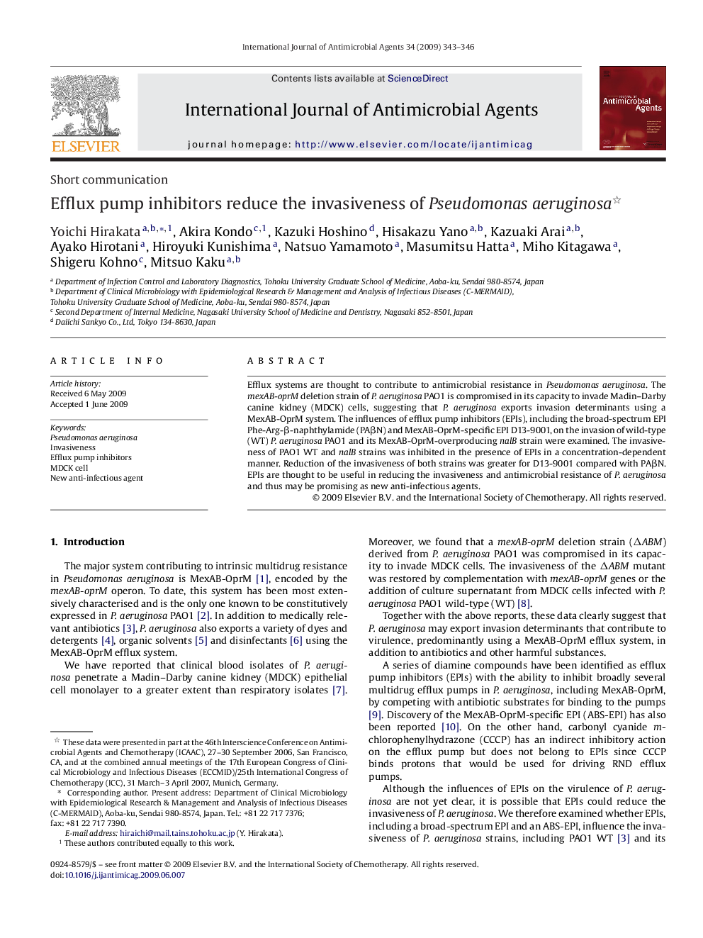 Efflux pump inhibitors reduce the invasiveness of Pseudomonas aeruginosa 