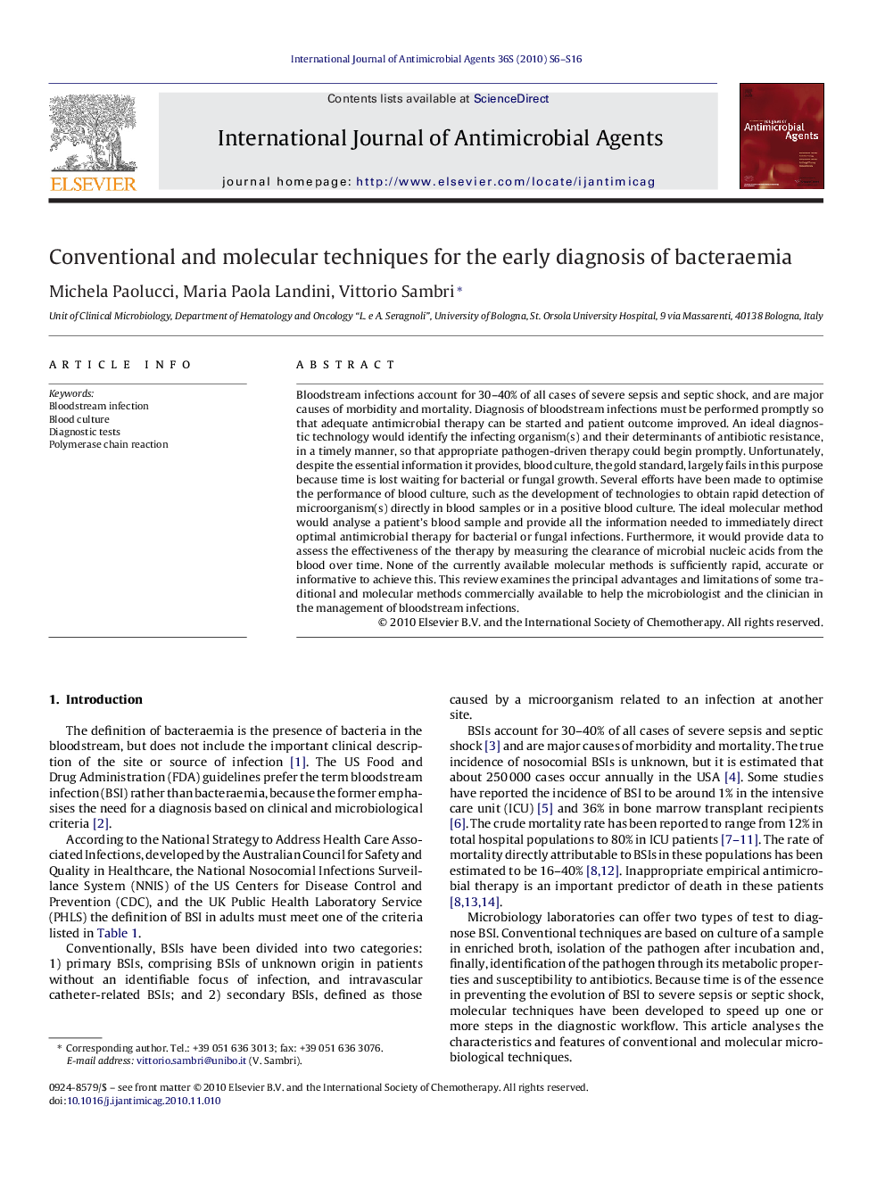 Conventional and molecular techniques for the early diagnosis of bacteraemia