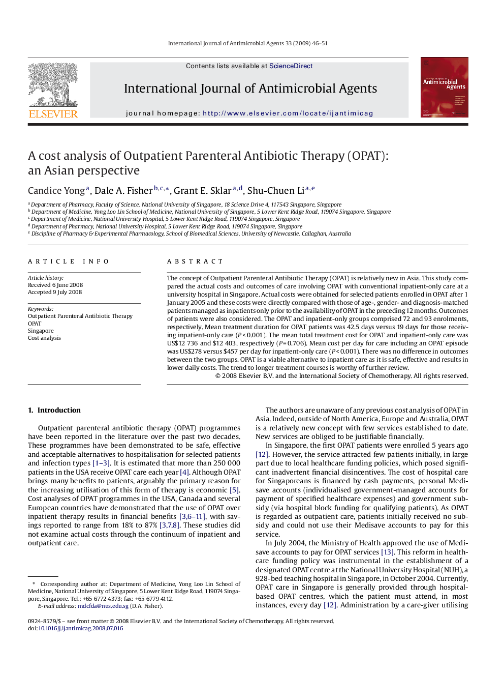 A cost analysis of Outpatient Parenteral Antibiotic Therapy (OPAT): an Asian perspective