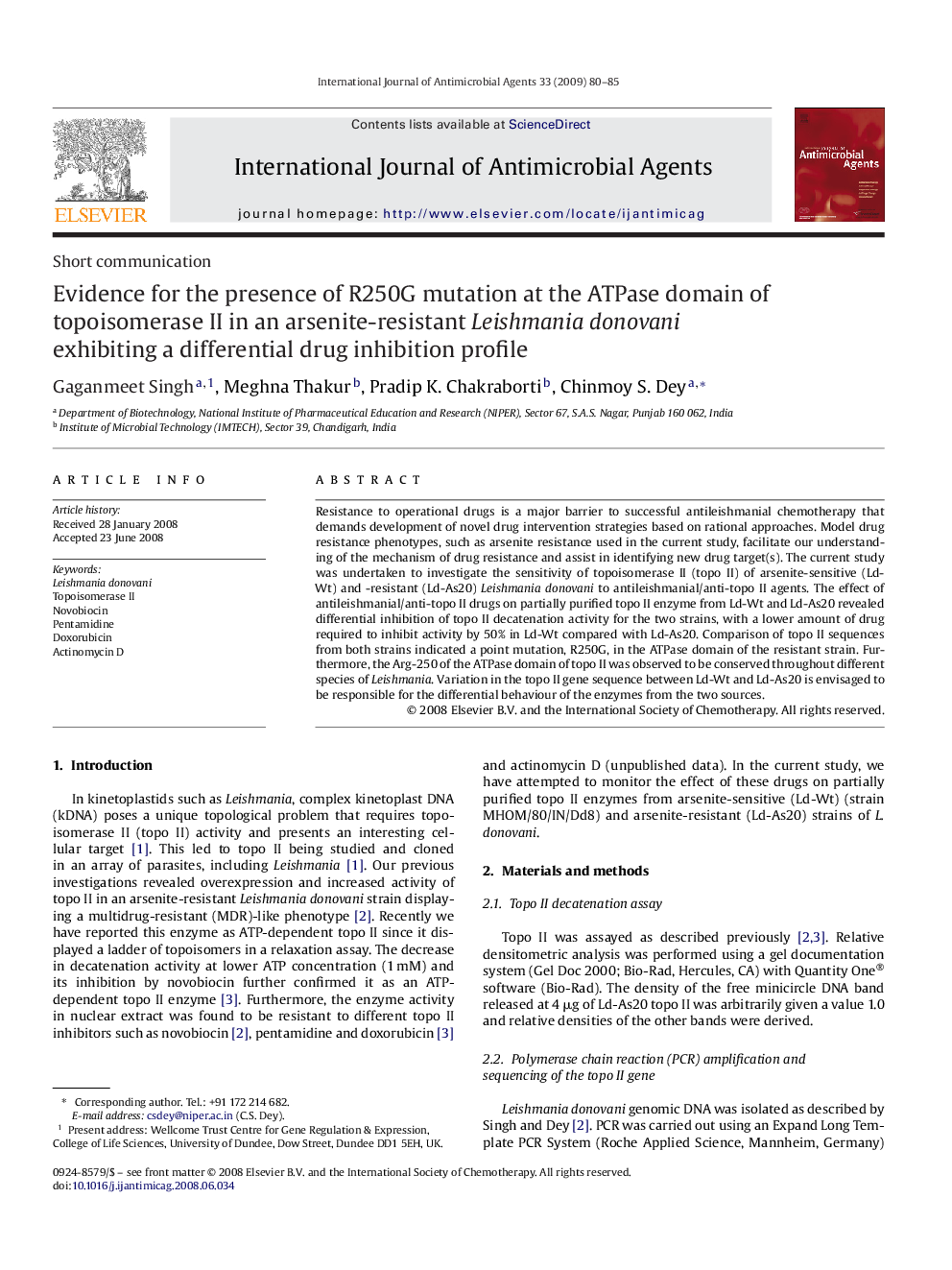 Evidence for the presence of R250G mutation at the ATPase domain of topoisomerase II in an arsenite-resistant Leishmania donovani exhibiting a differential drug inhibition profile