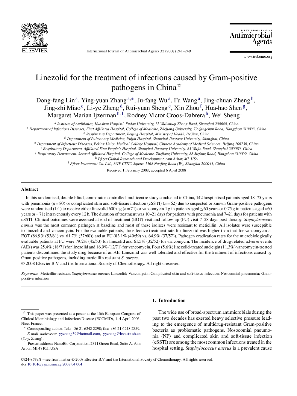 Linezolid for the treatment of infections caused by Gram-positive pathogens in China 