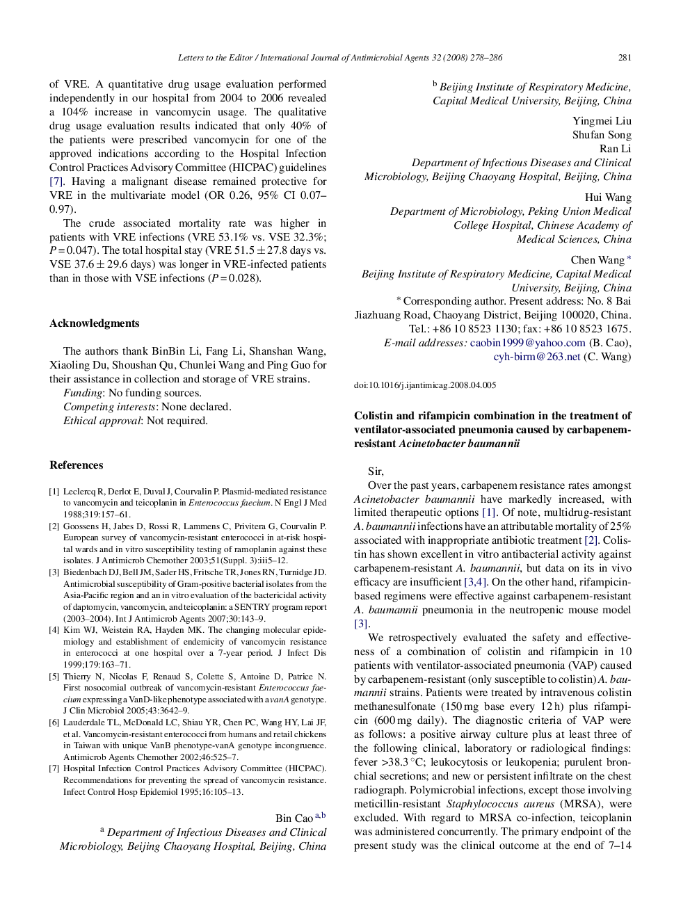 Colistin and rifampicin combination in the treatment of ventilator-associated pneumonia caused by carbapenem-resistant Acinetobacter baumannii