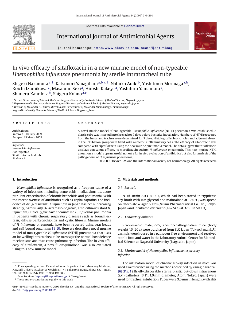 In vivo efficacy of sitafloxacin in a new murine model of non-typeable Haemophilus influenzae pneumonia by sterile intratracheal tube