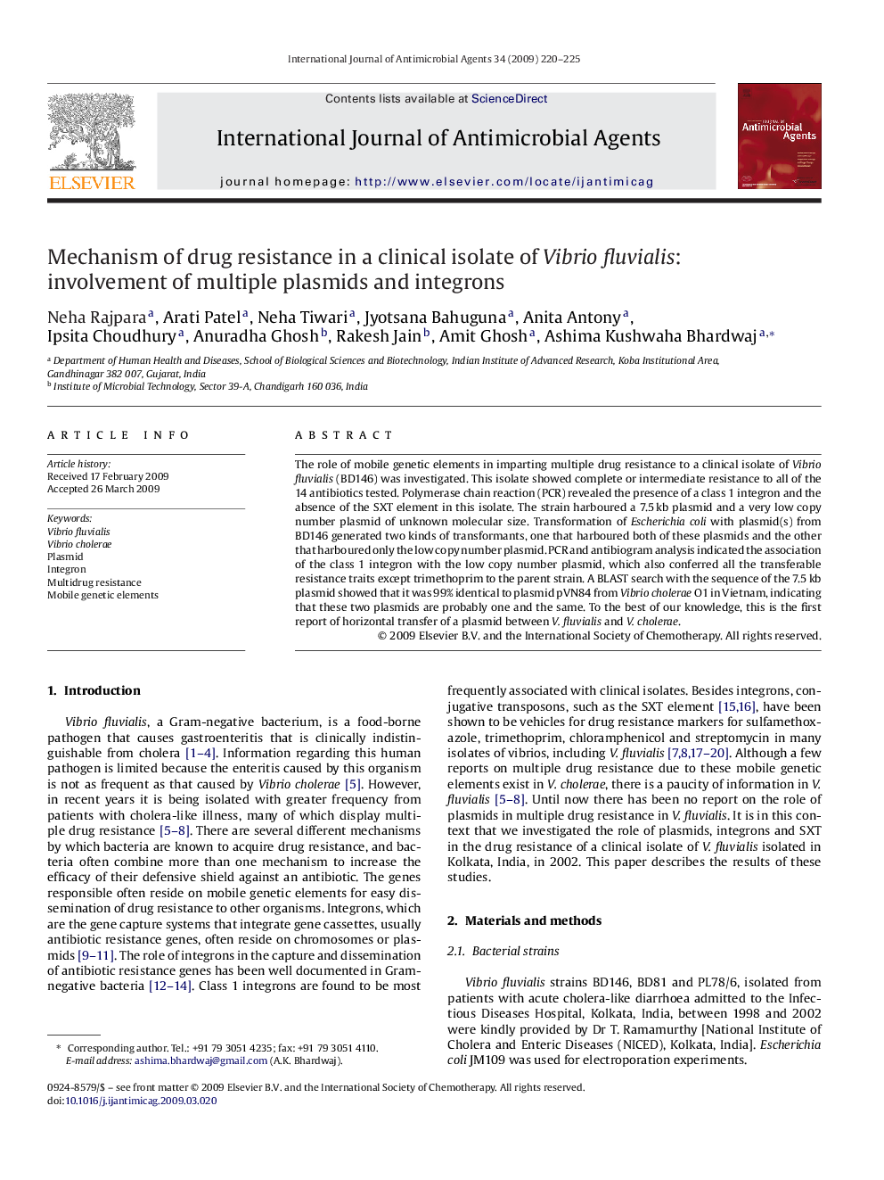 Mechanism of drug resistance in a clinical isolate of Vibrio fluvialis: involvement of multiple plasmids and integrons