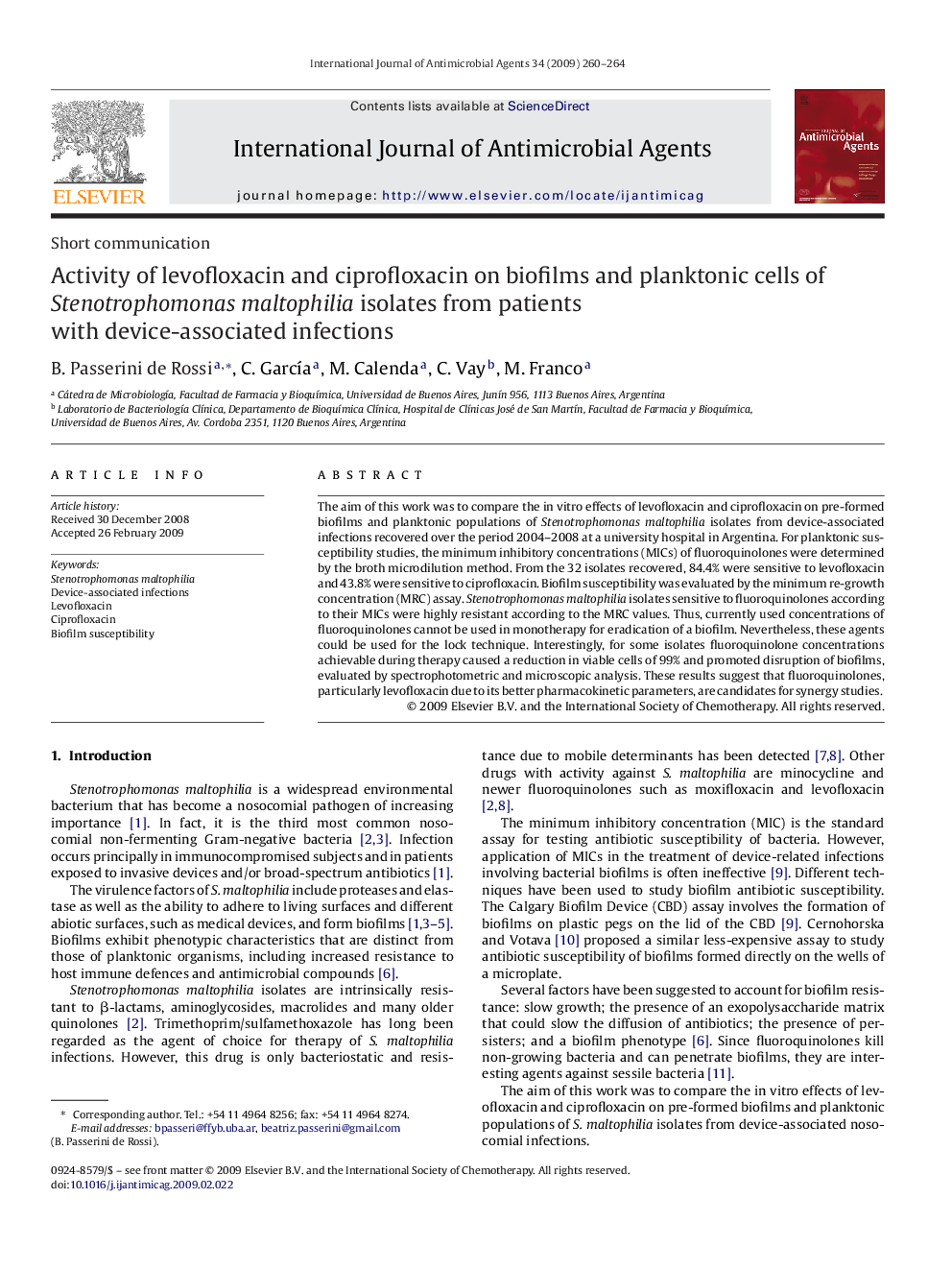 Activity of levofloxacin and ciprofloxacin on biofilms and planktonic cells of Stenotrophomonas maltophilia isolates from patients with device-associated infections