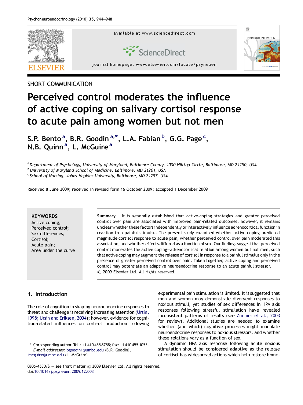 Perceived control moderates the influence of active coping on salivary cortisol response to acute pain among women but not men