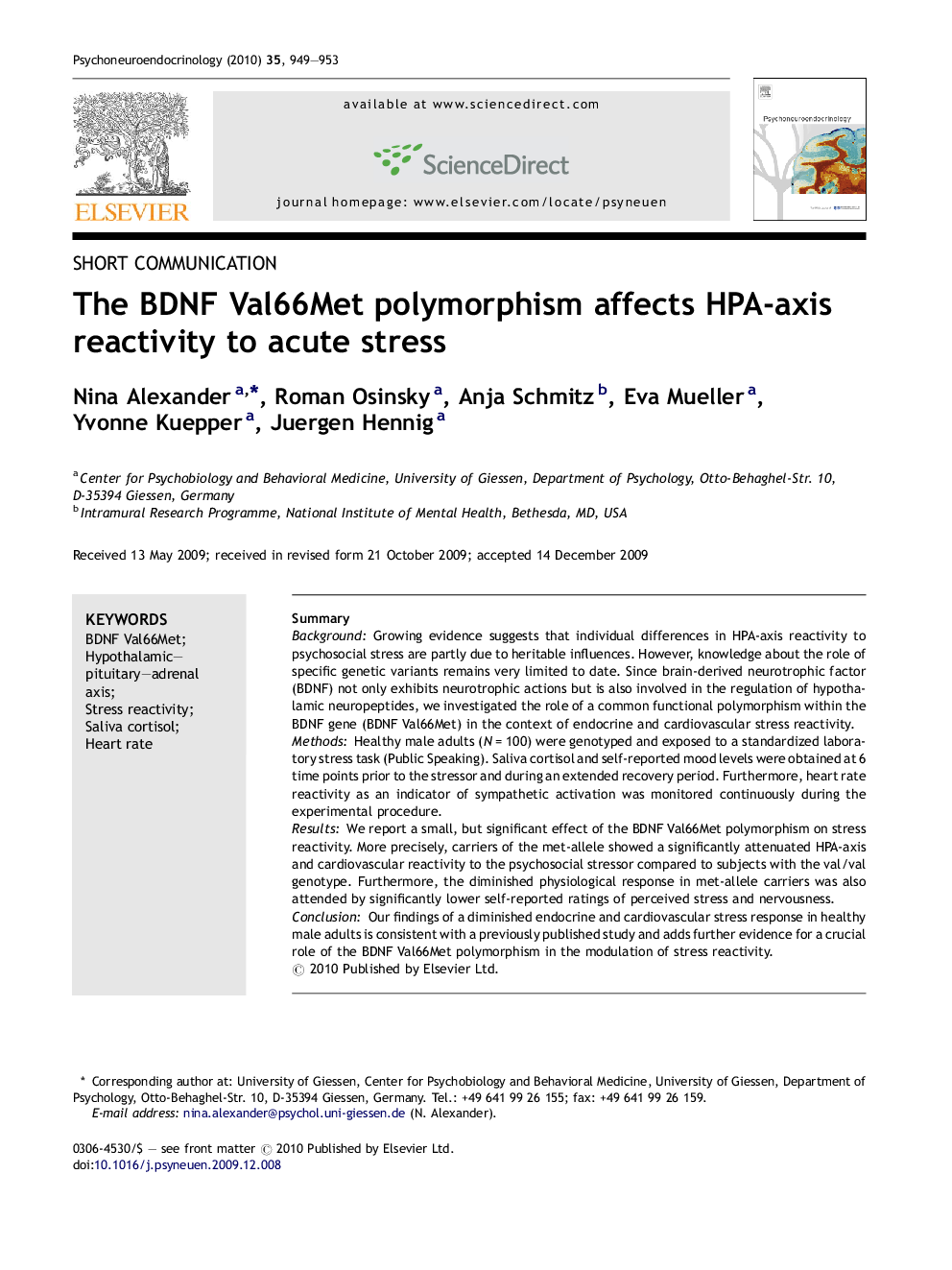 The BDNF Val66Met polymorphism affects HPA-axis reactivity to acute stress