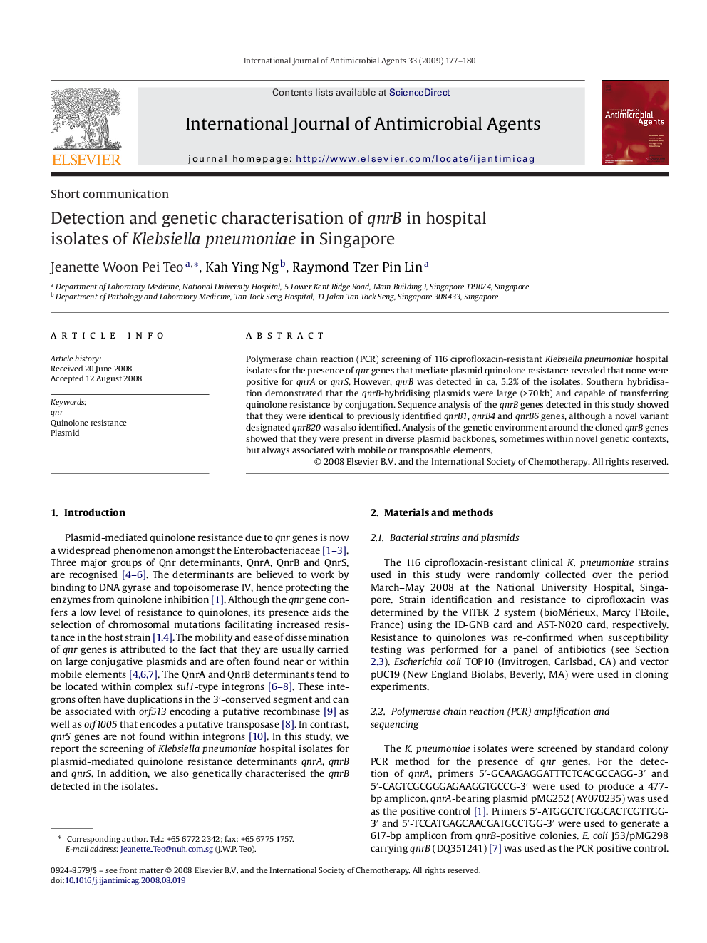 Detection and genetic characterisation of qnrB in hospital isolates of Klebsiella pneumoniae in Singapore