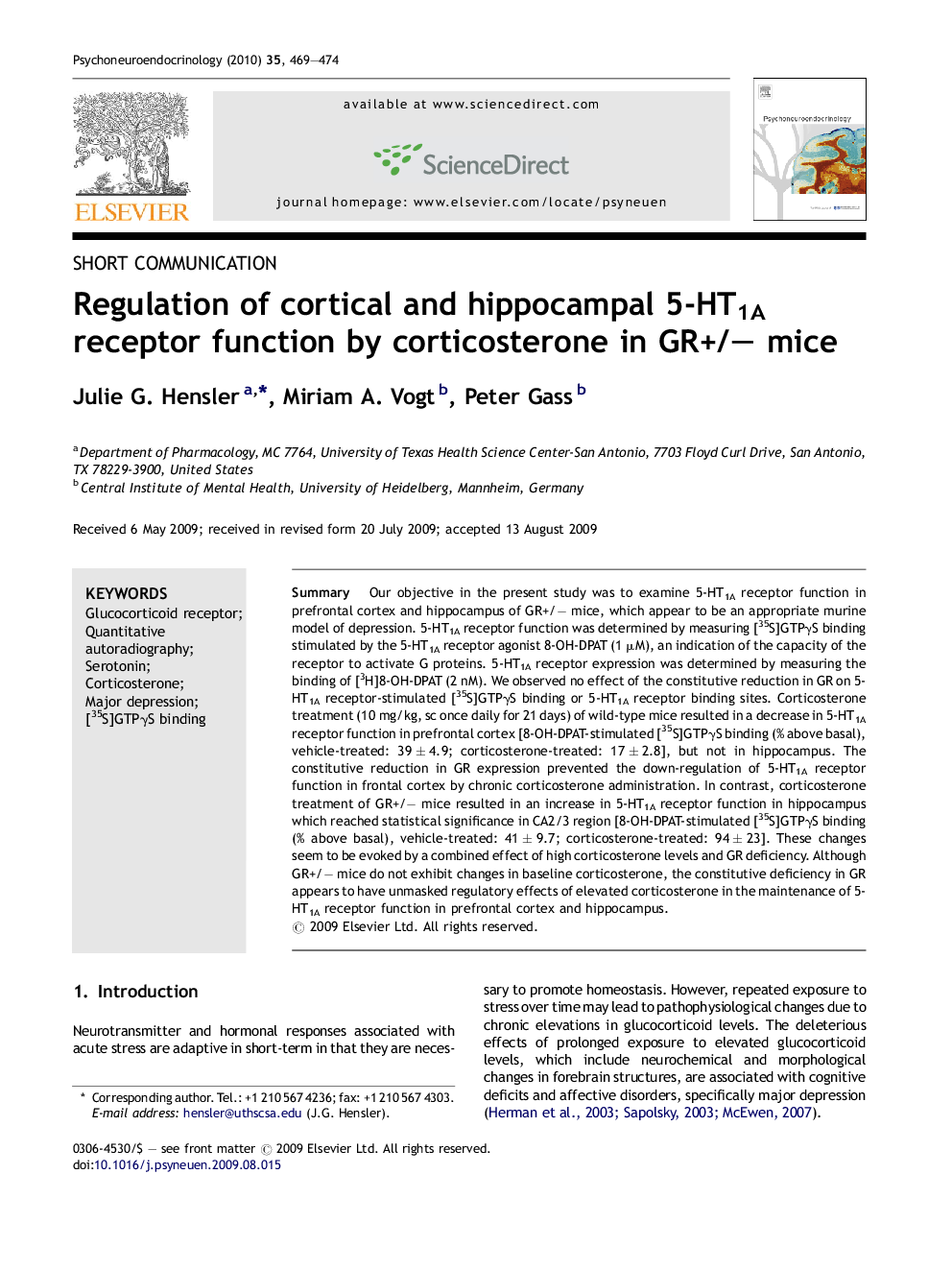 Regulation of cortical and hippocampal 5-HT1A receptor function by corticosterone in GR+/− mice