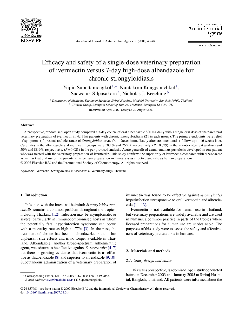 Efficacy and safety of a single-dose veterinary preparation of ivermectin versus 7-day high-dose albendazole for chronic strongyloidiasis