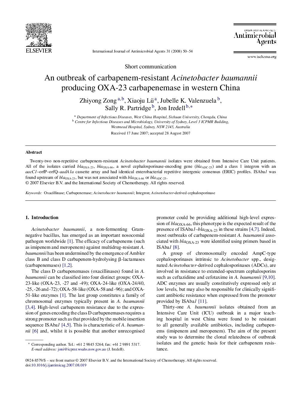 An outbreak of carbapenem-resistant Acinetobacter baumannii producing OXA-23 carbapenemase in western China