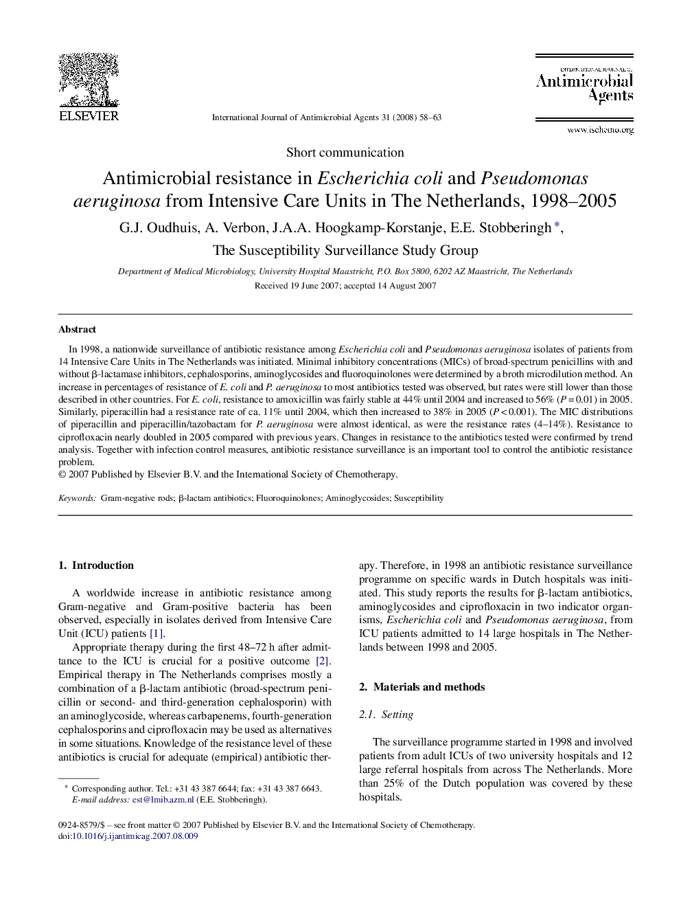 Antimicrobial resistance in Escherichia coli and Pseudomonas aeruginosa from Intensive Care Units in The Netherlands, 1998-2005