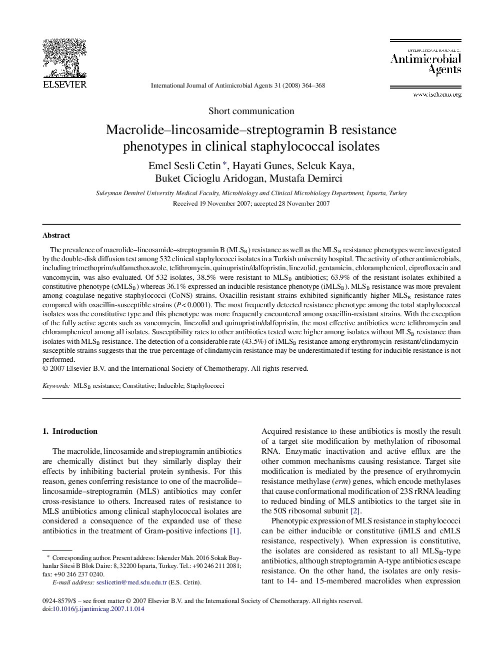 Macrolide–lincosamide–streptogramin B resistance phenotypes in clinical staphylococcal isolates