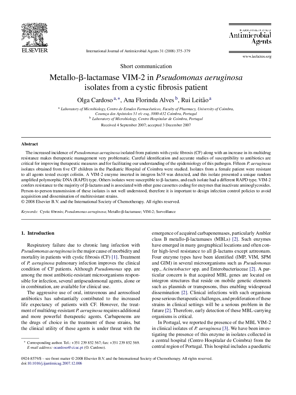 Metallo-β-lactamase VIM-2 in Pseudomonas aeruginosa isolates from a cystic fibrosis patient