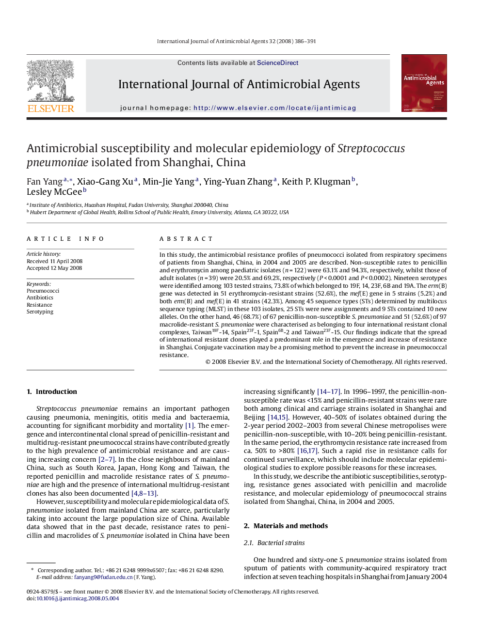 Antimicrobial susceptibility and molecular epidemiology of Streptococcus pneumoniae isolated from Shanghai, China