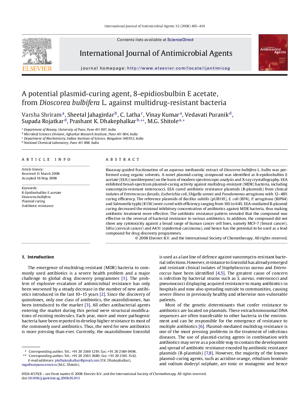 A potential plasmid-curing agent, 8-epidiosbulbin E acetate, from Dioscorea bulbifera L. against multidrug-resistant bacteria