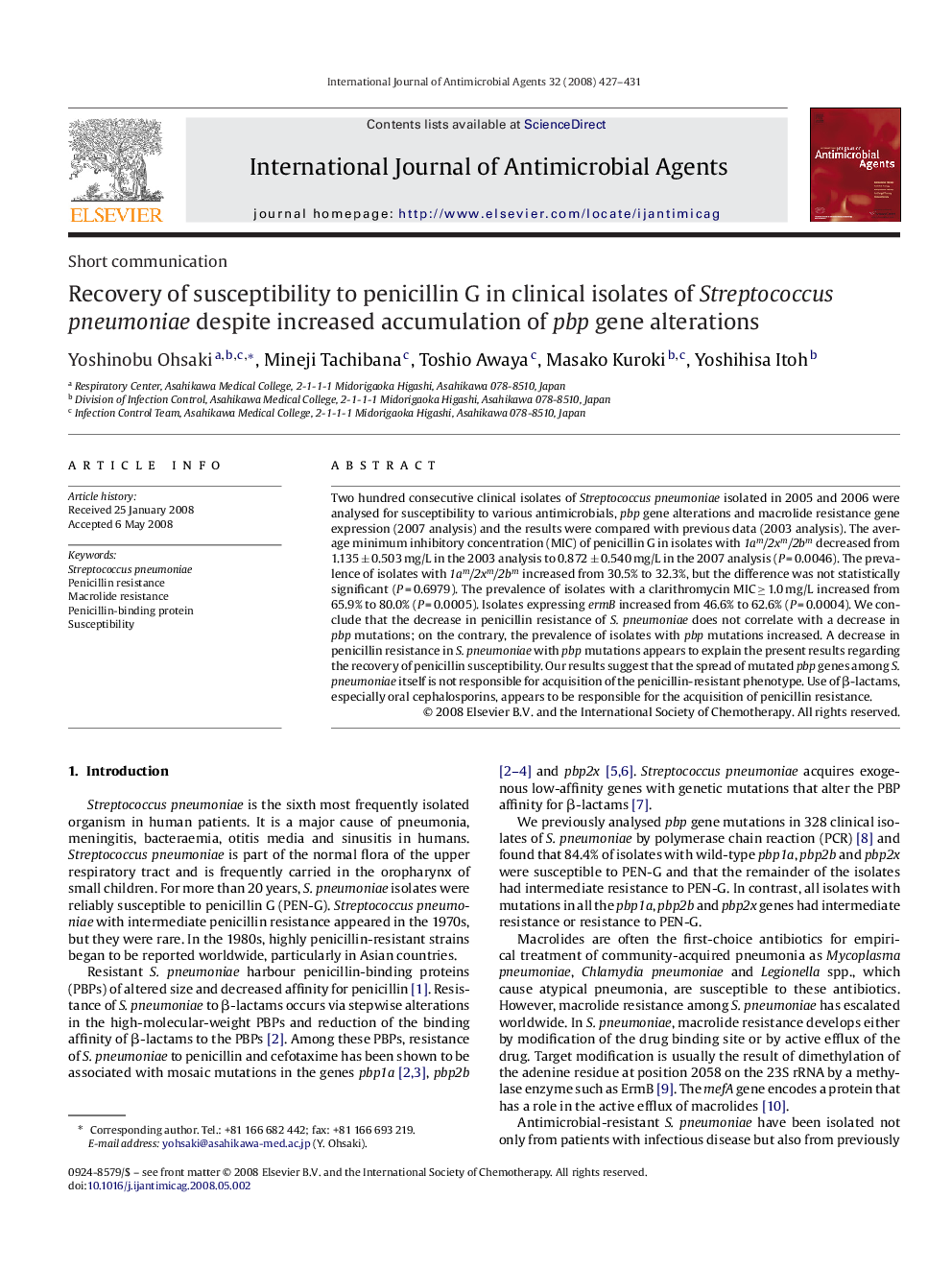 Recovery of susceptibility to penicillin G in clinical isolates of Streptococcus pneumoniae despite increased accumulation of pbp gene alterations