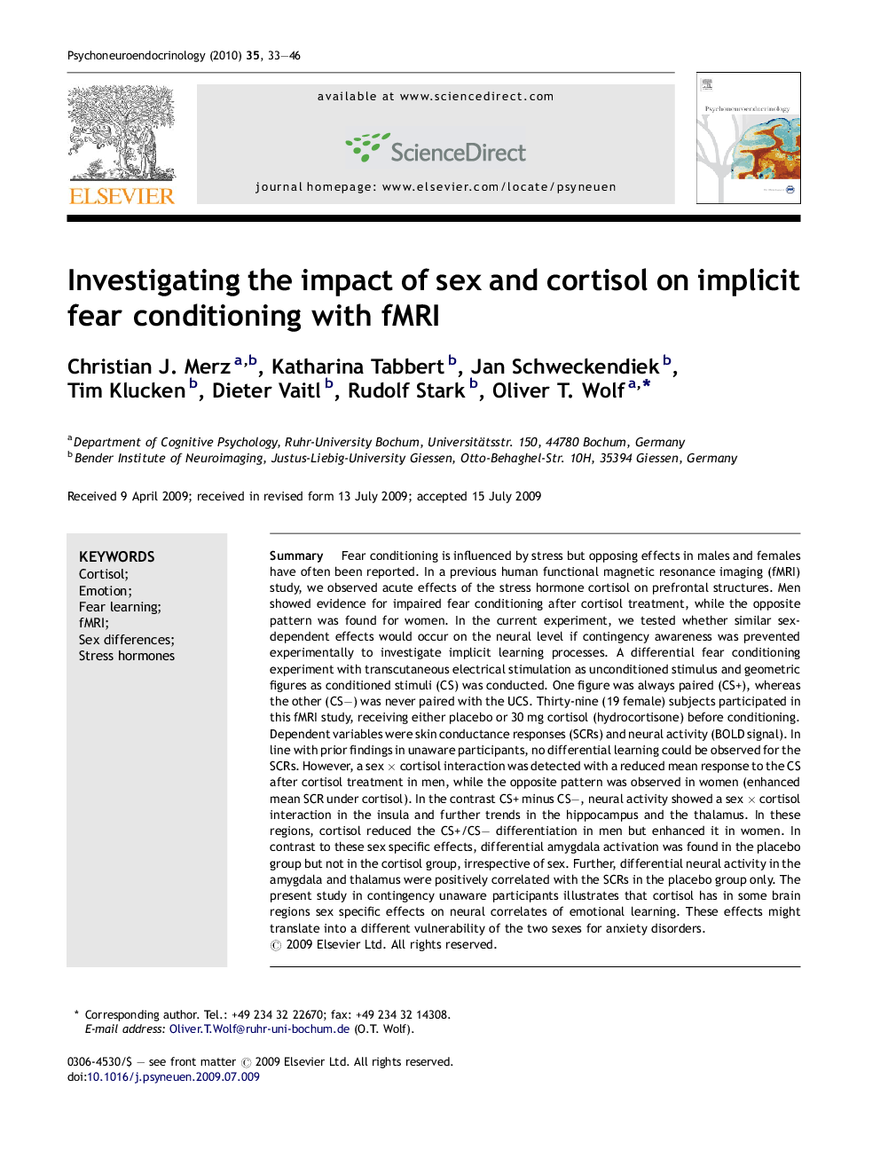 Investigating the impact of sex and cortisol on implicit fear conditioning with fMRI