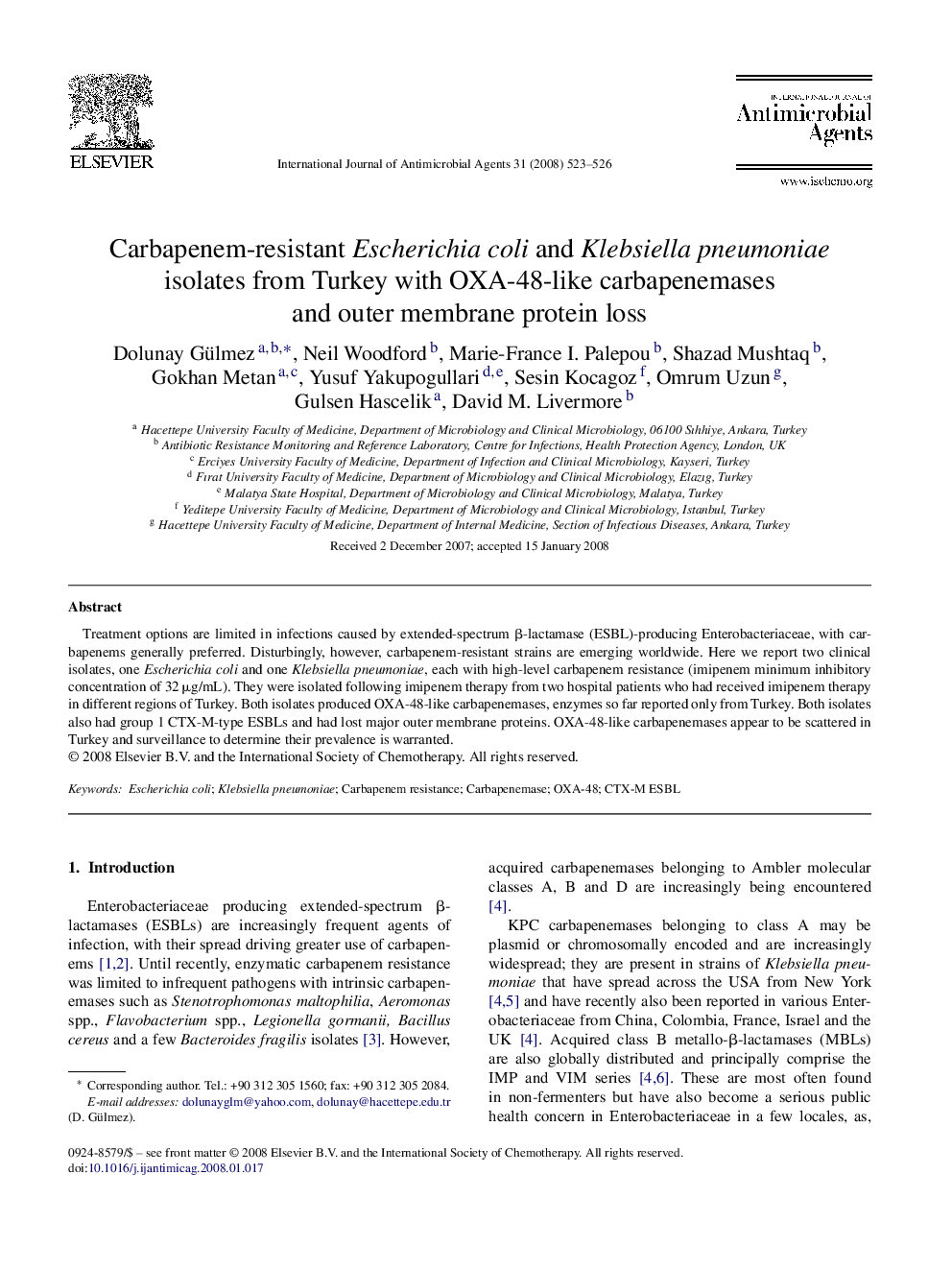 Carbapenem-resistant Escherichia coli and Klebsiella pneumoniae isolates from Turkey with OXA-48-like carbapenemases and outer membrane protein loss