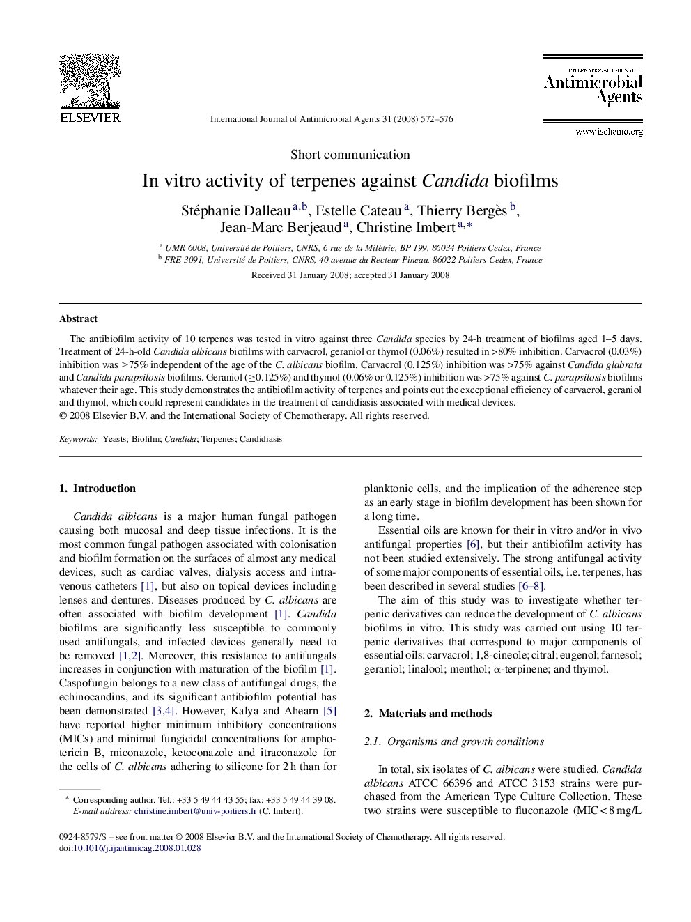 In vitro activity of terpenes against Candida biofilms