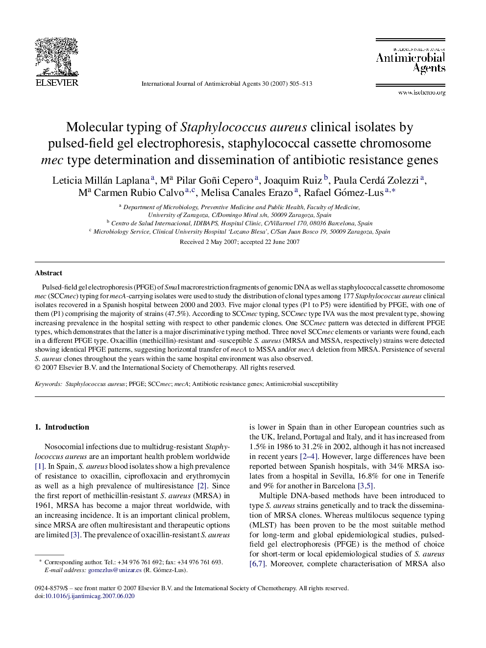 Molecular typing of Staphylococcus aureus clinical isolates by pulsed-field gel electrophoresis, staphylococcal cassette chromosome mec type determination and dissemination of antibiotic resistance genes